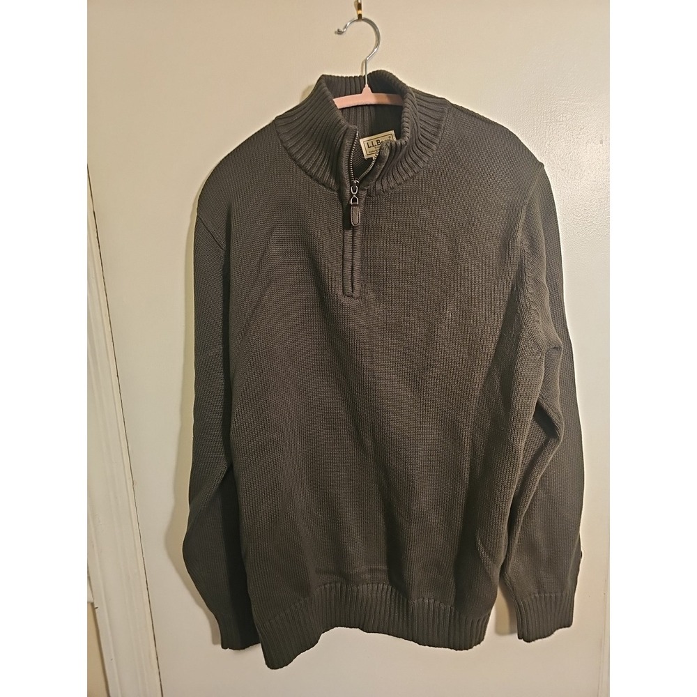 L.L. Bean Knit Sweater Men L Mock Neck Cotton Green Long Sleeve Half Zip Chucky